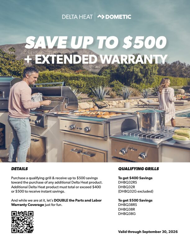 Delta Heat Save Up To $500 - purchase a qualifying grill and receive savings plus double parts and labor warranty, valid through September 30, 2026